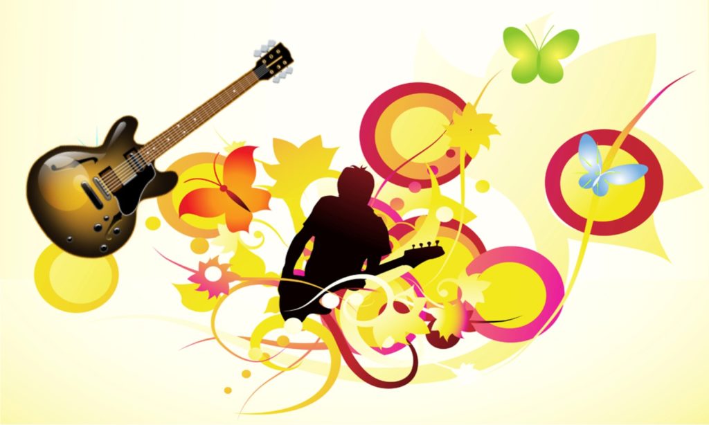 Butterflies, guitar, and musician
