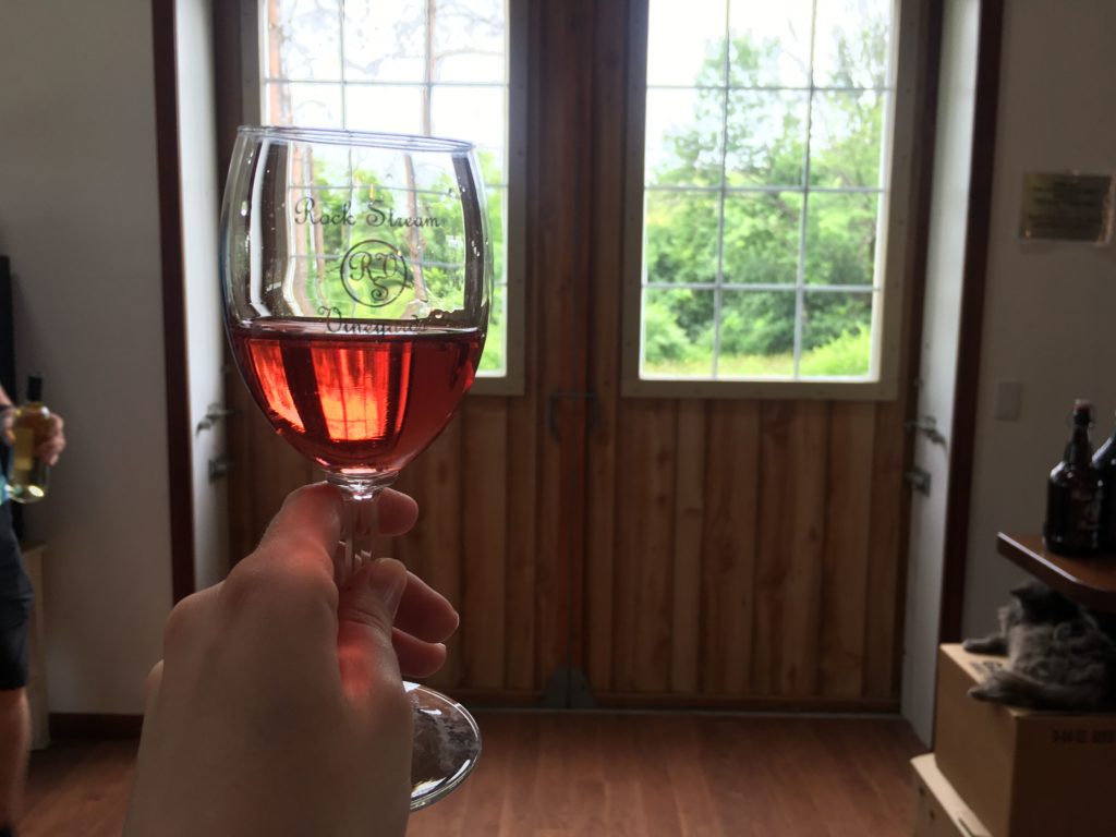 Raising a glass of wine at Rock Stream Vineyards