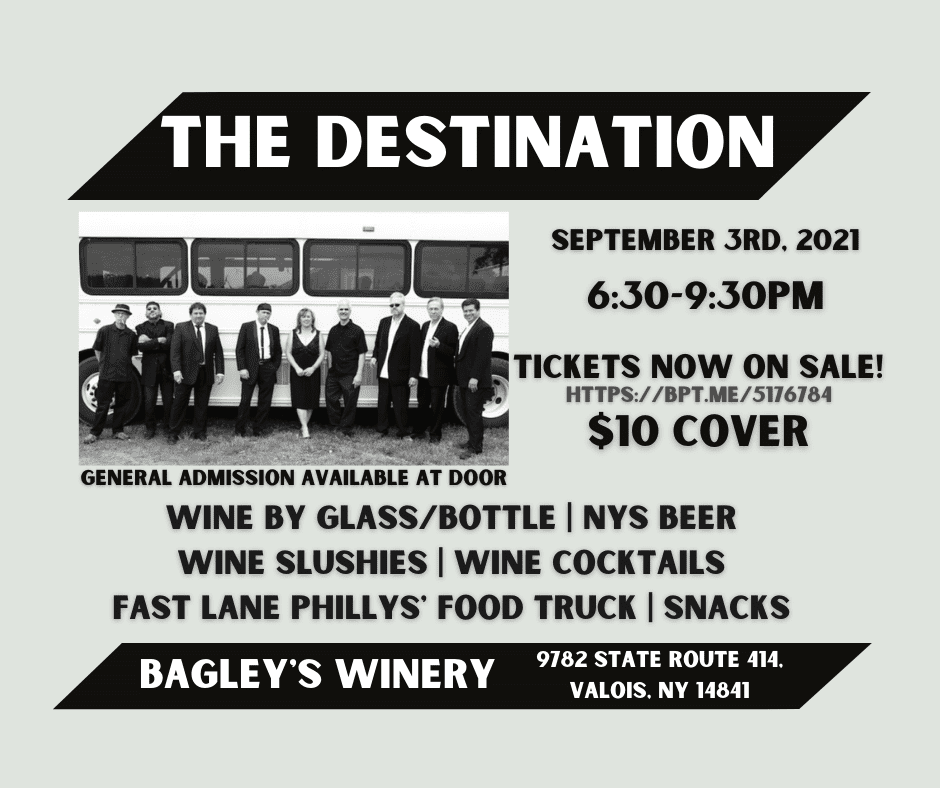 Poster for The Destination live music at Bagley's Winery, Friday September 3 from 6:30-9:30pm