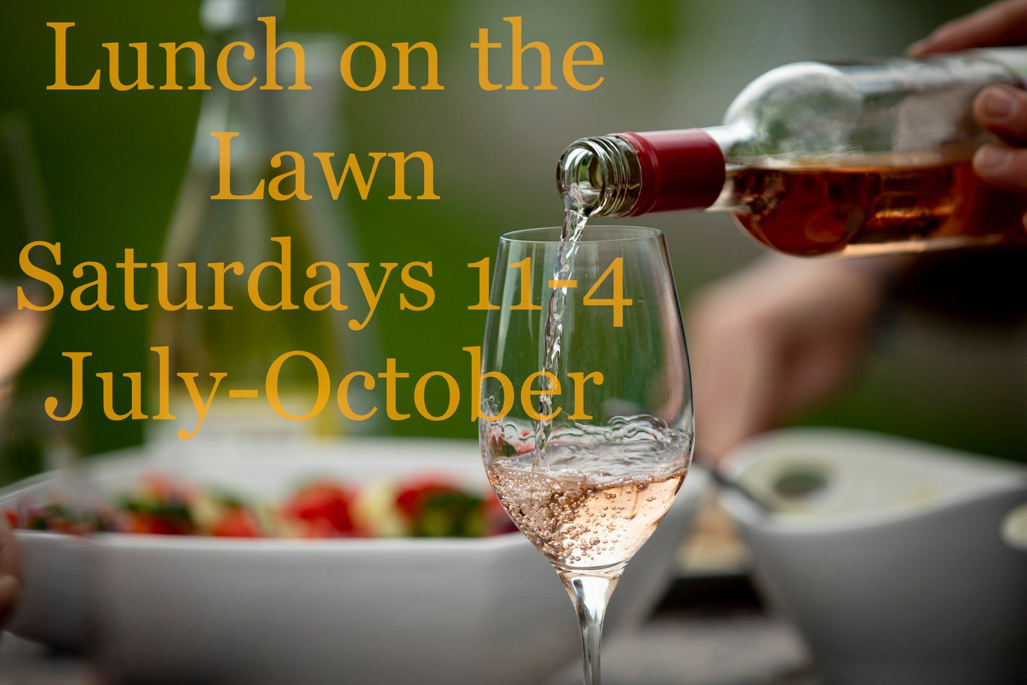 Wine pouring into a glass with the words Lunch on the Lawn printed on top