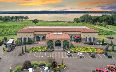 An overhead drone view of the exterior of the main building at Ventosa Vineyards