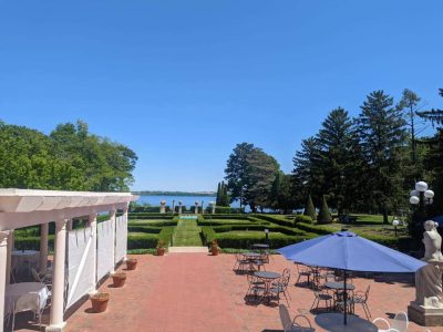 Geneva on the Lake patio and umbrellas overlooking Seneca Lake