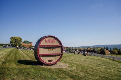 Large wine barrel in front of Glenora Wine Cellars tasting room