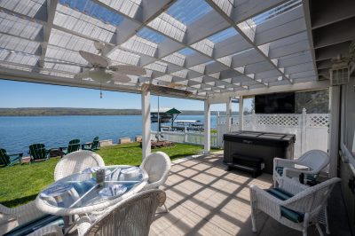 Pergola and patio overlooking lake